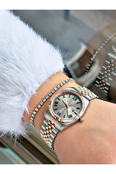 Raymond Rose Gümüş Renk Roma Rakamlı Çelik Elite Klasik Kadın Kol Saati + BİLEKLİK - Resim 2