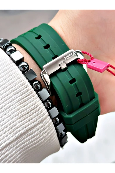 Fiesta Yeşil Renk Kare Model Çelik Kasa Garantili Business Erkek Kol Saati + BİLEKLİK - Resim 5