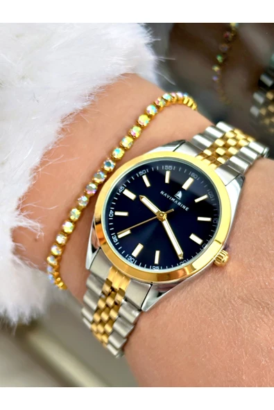 Navimarine Altın Renk Çelik Kordon Kadın Kol Saati + Bileklik Hediyeli ürün görseli 1