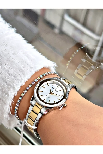 Ferrucci Silver Altın Renk Aynalı Cam Model  Klasik Kadın Kol Saati + BİLEKLİK - Resim 2