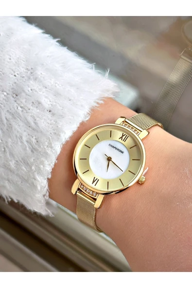 Chaperone Altın Renk Şık Dizayn Zarif Tasarım Hasır Çelik Kordon Kadın Kol Saati + Bileklik Hediyeli - Resim 2