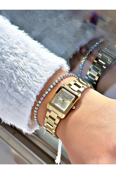 Ferrucci Altın Renk Kare Sade Model  Kadın Kol Saati + BİLEKLİK - Resim 2