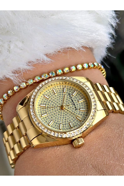 Navimarine Altın Renk Çelik Kordon Kadın Kol Saati + Bileklik Hediyeli - Resim 2