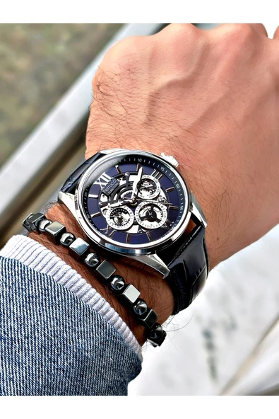 Ferrucci Lacivert Renk Deri Kordon Fonksiyonlu Erkek Kol Saati + BİLEKLİK HEDİYELİ - Resim 2