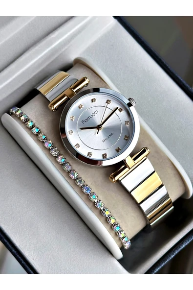 Ferrucci Altın Gümüş Renk Sade Model Klasik Çelik Kordon Kadın Kol Saati + BİLEKLİK ürün görseli 1