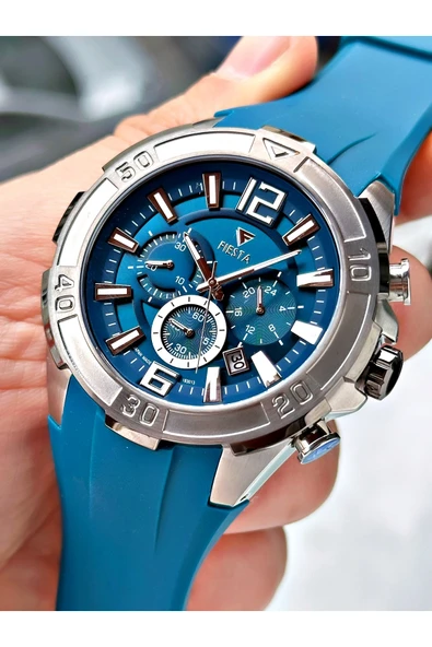 Fiesta Mavi Renk Spor Silikon Çelik Kasa Erkek Kol Saati + BİLEKLİK ürün görseli 1