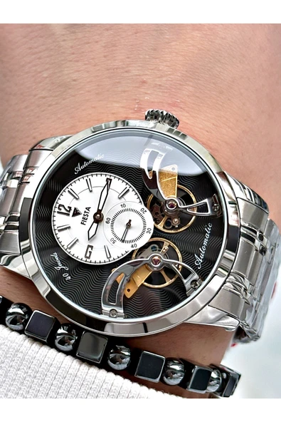 Fiesta Gümüş Renk Çift Türbünlü Otomatik Business Erkek Kol Saati + BİLEKLİK - Resim 6