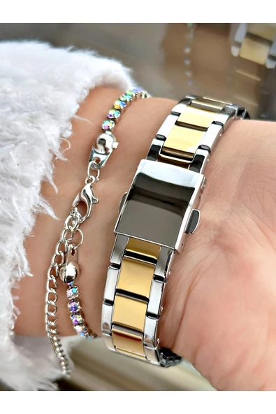 Ferrucci Altın Gümüş Renk Sade Taşlı Model  Garantili Kadın Kol Saati + BİLEKLİK - Resim 3