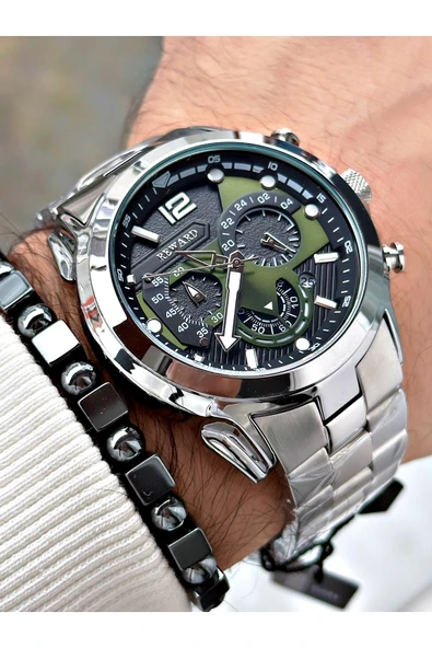 Reward Gümüş Renk Spor Fonksiyonlu Çelik Kordon Erkek Kol Saati + BİLEKLİK - Resim 3