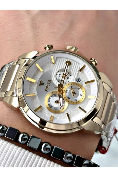 Fiesta Altın Renk Fonksiyonlu Çelik Kasa Kordon Elite Erkek Kol Saati + BİLEKLİK ürün görseli 1