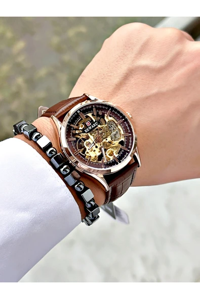 Reward Kahverengi Deri Kordon Otomatik Business Erkek Kol Saati + BİLEKLİK HEDİYELİ - Resim 4