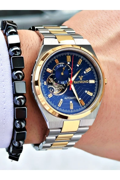 Raymond Altın Gümüş Renk SK Mekanizma Çelik Business Erkek Kol Saati + BİLEKLİK - Resim 2