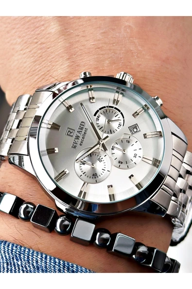 Reward Gümüş Renk Spor Garantili Çelik Kordon Erkek Kol Saati + BİLEKLİK - Resim 3