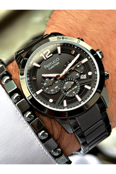 Ferrucci Siyah Renk Fonksiyonlar Aktif Çelik Kordon Erkek Kol Saati + BİLEKLİK HEDİYELİ - Resim 3