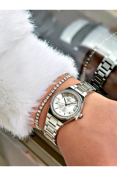 Ferrucci Gümüş Renk Sade Tasarım Taşlı Çelik Kordon Kadın Kol Saati + BİLEKLİK HEDİYELİ - Resim 2