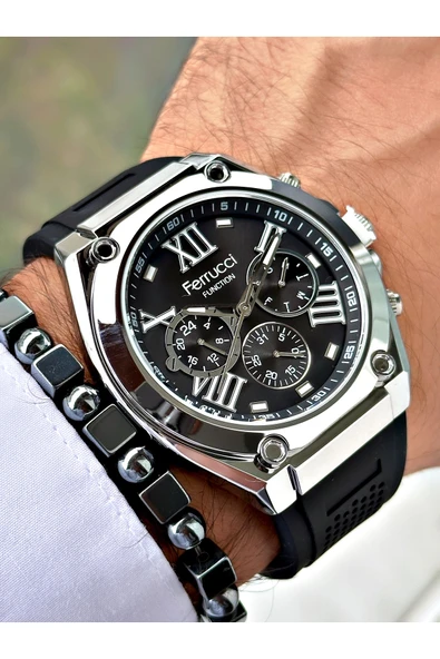 Ferrucci Siyah Renk Silikon Fonksiyonlar Aktif Spor Erkek Kol Saati + BİLEKLİK - Resim 4