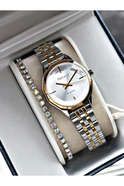 Ferrucci Altın Gümüş Renk Sade Model Klasik Kadın Kol Saati + BİLEKLİK ürün görseli 1