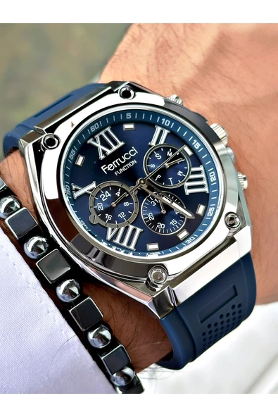 Ferrucci Lacivert Renk Silikon Fonksiyonlar Aktif Spor Erkek Kol Saati + BİLEKLİK - Resim 4