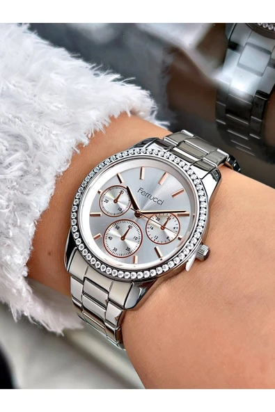 Ferrucci Gümüş Renk Taşlı Kasa Çelik Kordon Kadın Kol Saati Bileklik Hediyeli - Resim 2