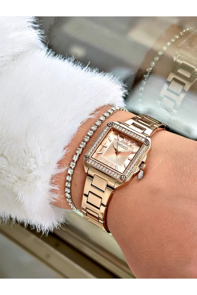 Ferrucci Rose Gold Renk Kare Model Taşlı Çelik Kordon Kadın Kol Saati + BİLEKLİK HEDİYELİ - Resim 2