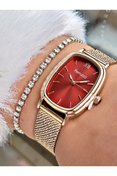 Ferrucci Rose Gold Renk Hasır Çelik Kordon Şık Dizayn Kadın Kol Saati + BİLEKLİK HEDİYELİ ürün görseli 1