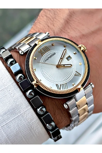 Chaperone Altın Gümüş Renk Roma Rakamlı Sade Klasik Model Çelik Kordon Erkek Kol Saati + BİLEKLİK By Reward - Resim 3
