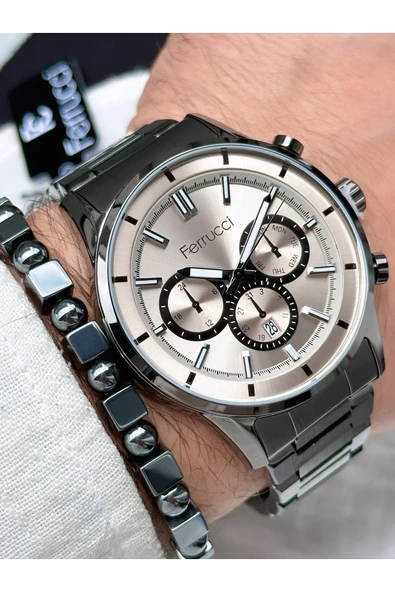 Ferrucci Füme Renk Çelik Kordon  Erkek Kol Saati + BİLEKLİK HEDİYELİ ürün görseli 1