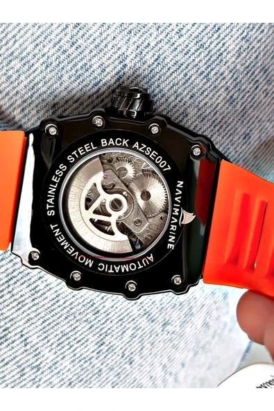 Navimarine Turuncu Renk Kare Spor Silikon Otomatik Business Erkek Kol Saati + BİLEKLİK HEDİYELİ - Resim 7