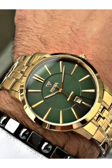 Fiesta Altın Renk Klasik Sade Çelik Safir Cam Lüx Çelik Business Erkek Kol Saati + BİLEKLİK HEDİYELİ ürün görseli 1