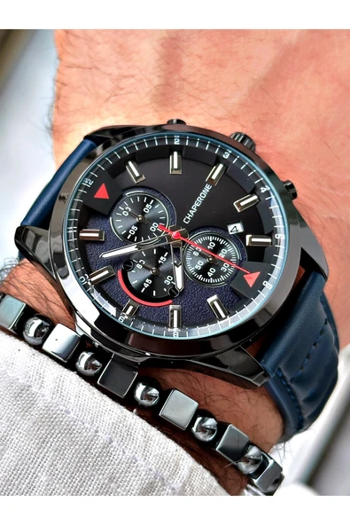 Chaperone Lacivert Deri Kordon Fonskiyonlu Spor Erkek Kol Saati + BİLEKLİK HEDİYELİ By Reward ürün görseli 1