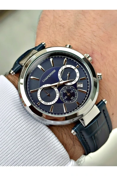 Chaperone Lacivert Renk Deri Kordon Fonksiyonlar Aktif Erkek Kol Saati + BİLEKLİK HEDİYELİ By Reward - Resim 3