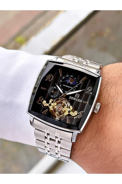 Reward Gümüş Renk Siyah Kadran Kare Model Fonksiyonlar Aktif Erkek Kol Saati + Bileklik Hediyeli - Resim 4