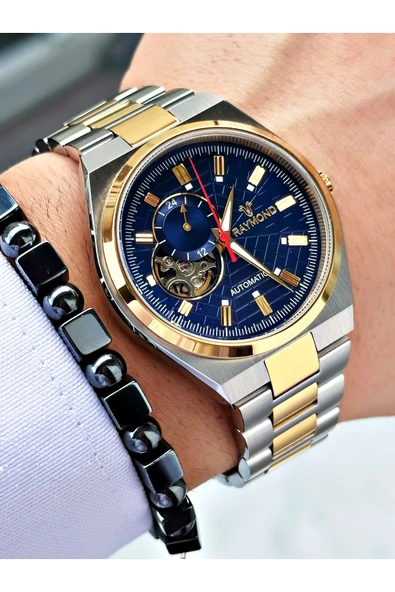 Raymond Altın Gümüş Renk SK Mekanizma Çelik Business Erkek Kol Saati + BİLEKLİK - Resim 4