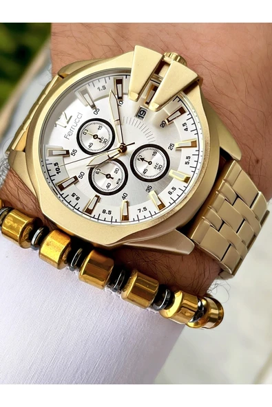 Ferrucci Altın Renk Spor Model Çelik Kordon Erkek Kol Saati + Bileklik Hediyeli - Resim 3