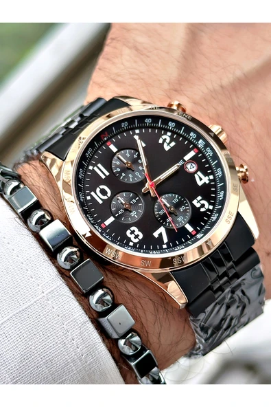 Chaperone Siyah Renk Rakamlı Model Takvimli  Fonksiyonlu Erkek Kol Saati  + BİLEKLİK HEDİYELİ By Reward - Resim 3