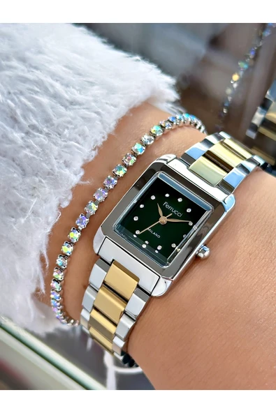 Ferrucci Altın Renk Kare Sade Model  Kadın Kol Saati + BİLEKLİK ürün görseli 1