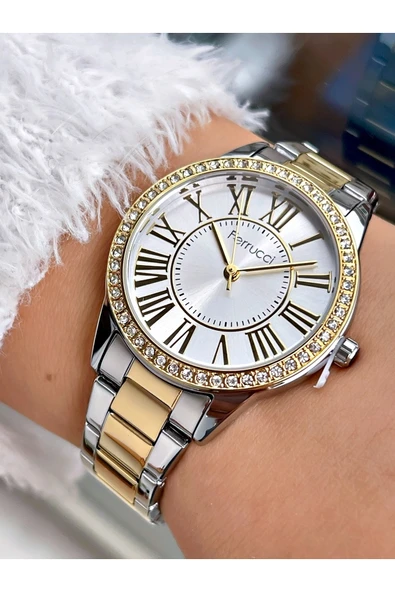Ferrucci Taşlı Kasa Altın-gümüş Renk Çelik Kordon Kadın Kol Saati Bileklik Hediyeli ürün görseli 1