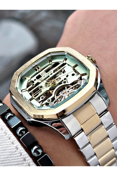 Reward Altın Gümüş Renk Otomatik İskelet Kare Model Mekanizma Erkek Kol Saati + BİLEKLİK - Resim 4