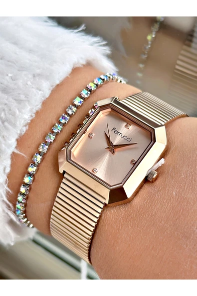 Ferrucci Rose Gold Renk Kare Model Hasır Kordon Kadın Kol Saati + BİLEKLİK ürün görseli 1