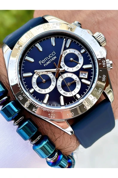 Ferrucci Lacivert Renk Silikon Kordon Fonksiyonlu 2 Yıl Garantili Erkek Kol Saati + Bileklik Hediyeli ürün görseli 1