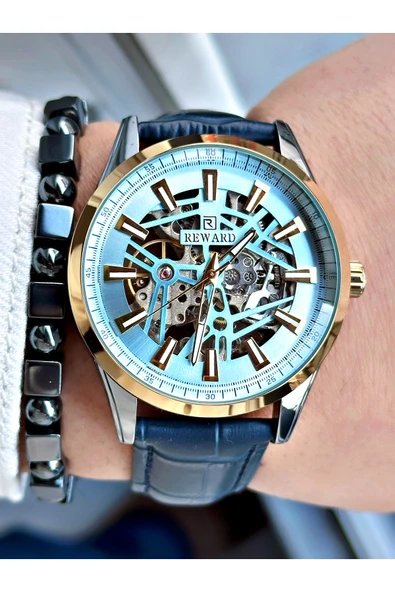 Reward Lacivert Renk Deri Kordon İskelet Model Otomatik Erkek Kol Saati + BİLEKLİK ürün görseli 1