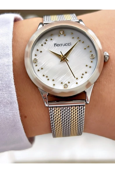 Ferrucci Silver Gold Hasır Metal Kadın Kol Saati - Resim 2