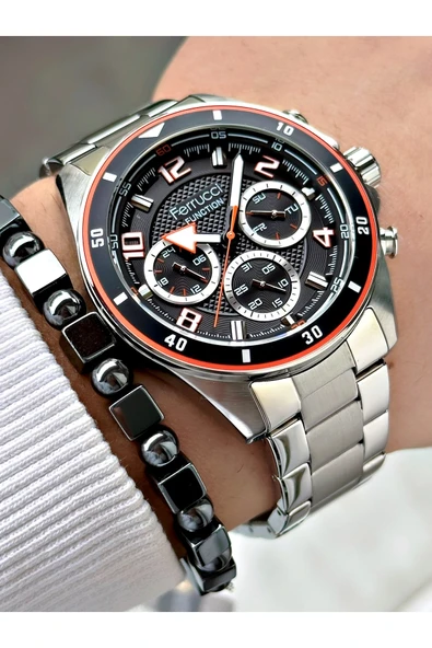 Ferrucci Gümüş Renk Çelik Kordon Erkek Kol Saati + Hematit Doğaltaş Bileklik Hediyeli - Resim 3