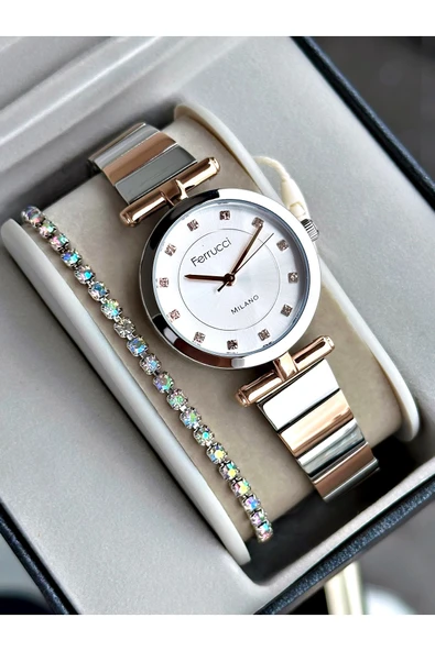 Ferrucci Rose Gold Gümüş Renk Sade Model Klasik Çelik Kordon Kadın Kol Saati + BİLEKLİK ürün görseli 1