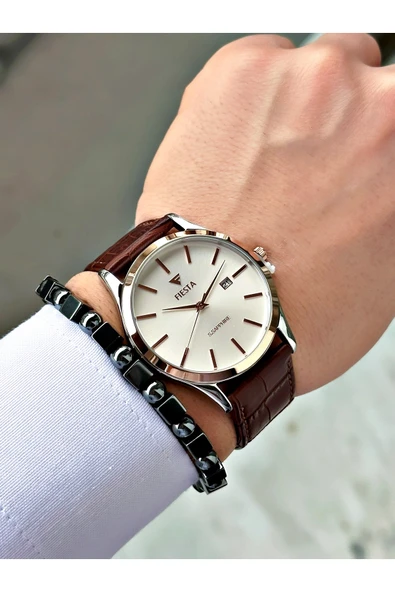 Fiesta Kahve Renk Klasik Sade Model Çelik Kasa Erkek Kol Saati + BİLEKLİK - Resim 2