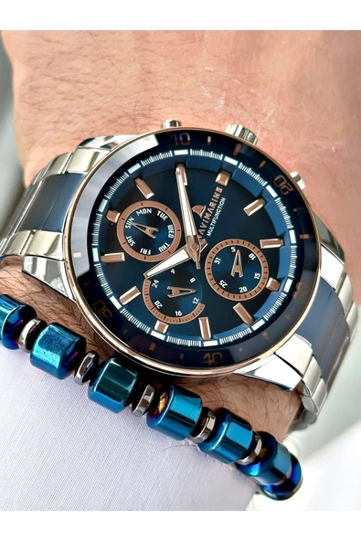 Navimarine Lacivert Gümüş Renk Metal Kordon Tüm Fonksiyonlar Aktif Orijinal Erkek Kol Saati + Bileklik Hediyeli - Resim 2