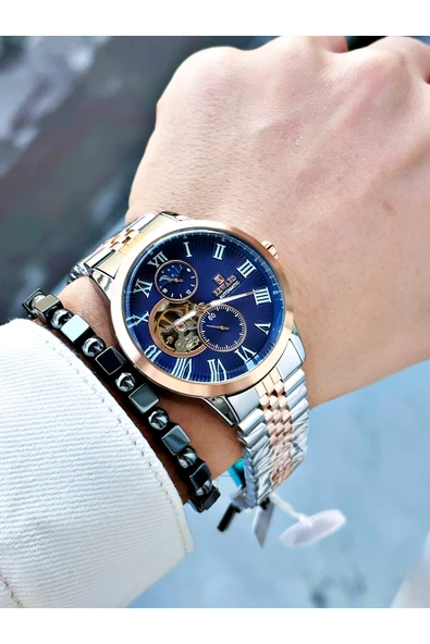 Reward Rose Gold Gümüş Renk Otomatik Mekanizma Roma Rakamlı Erkek Kol Saati + BİLEKLİK - Resim 3