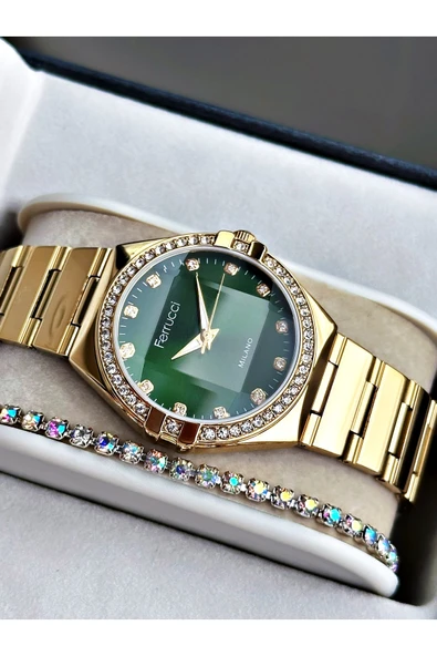 Ferrucci Altın Renk Aynalı Model Taşlı Model Kadın Kol Saati + BİLEKLİK ürün görseli 1