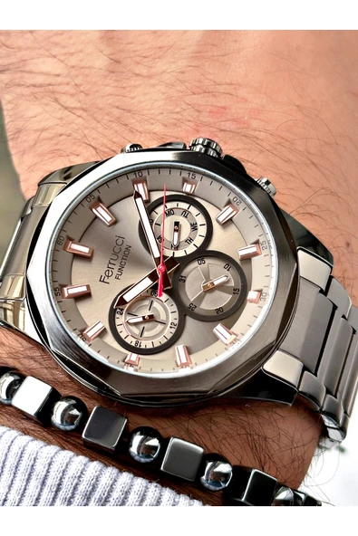Ferrucci Füme Renk Çelik Kordon  Erkek Kol Saati GARANTİLİ + BİLEKLİK ürün görseli 1