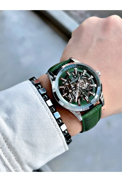 Reward Yeşil Renk Deri Kordon İskelet Model Otomatik Erkek Kol Saati + BİLEKLİK - Resim 2